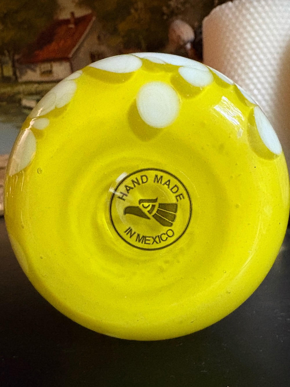 Set of 4 Yellow & White Confetti/Splatter Hand Blown Art Glass Tumblers 12oz Mex - Picture 4 of 7